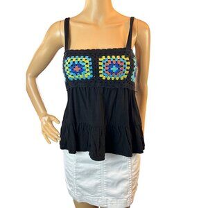 SO® Crochet Boho Babydoll Sleeveless Top in black Size Small